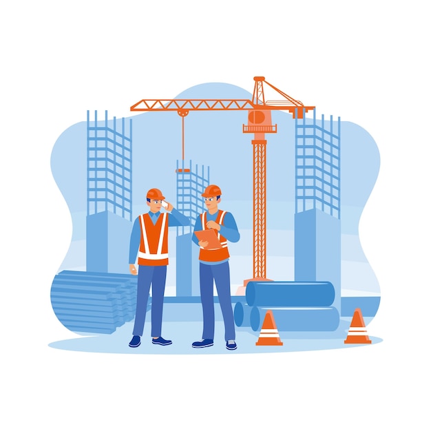 Bauingenieure und Architekten tragen orangefarbene Westen und Schutzhelme an einem Gebäude