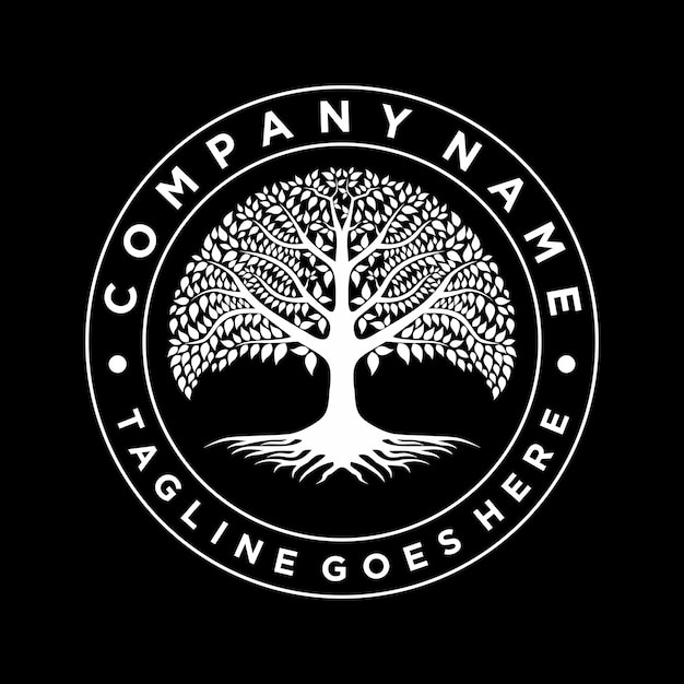 Baum des lebens eiche banyan blatt und wurzelsiegel emblem stempel logo design inspiration Premium-Vektor
