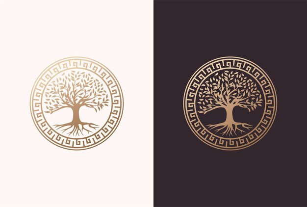 Baum des Lebens-Logo-Design mit griechischem Kreiselement in goldener Farbe.