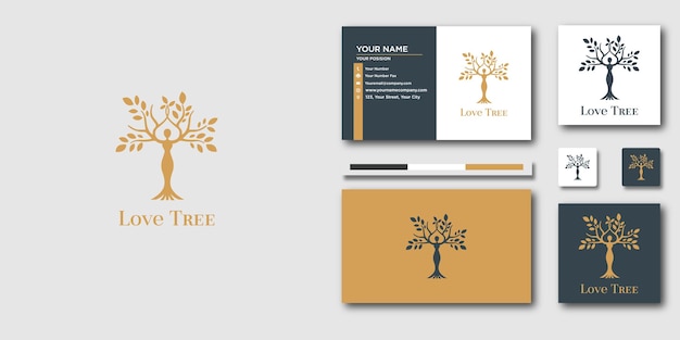 Baum goldene logo-design-elemente. goldgarten-logo-vorlage und visitenkarte
