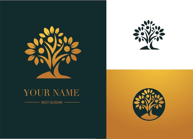 Baum-Logo-Design mit Figuren, die den Stamm bilden und Blätter halten