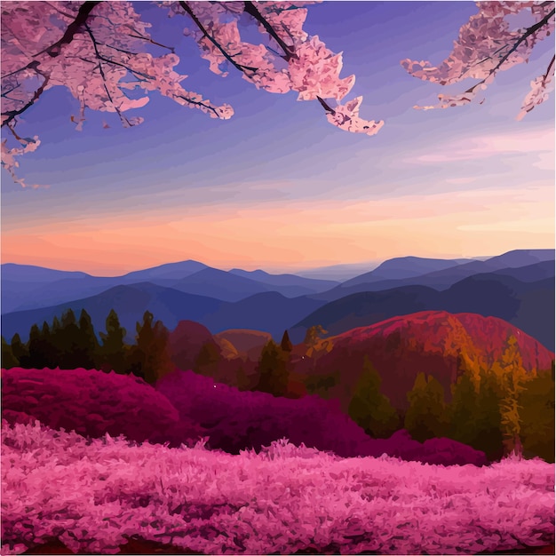 Baum rosa sakura blüten blühende zweige gegen den hintergrund berghimmel bei tagesanbruch frühlingslandschaft