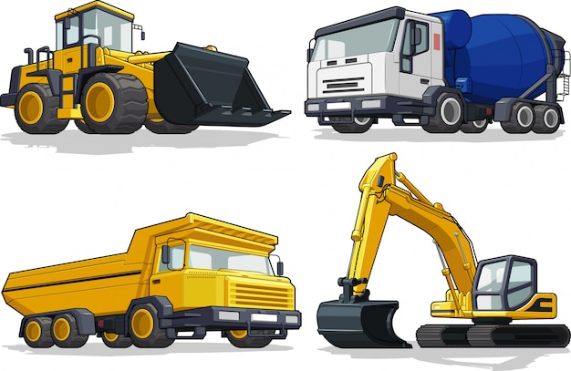 Vektor baumaschine - bulldozer, zement-lkw, haultruck & bagger
