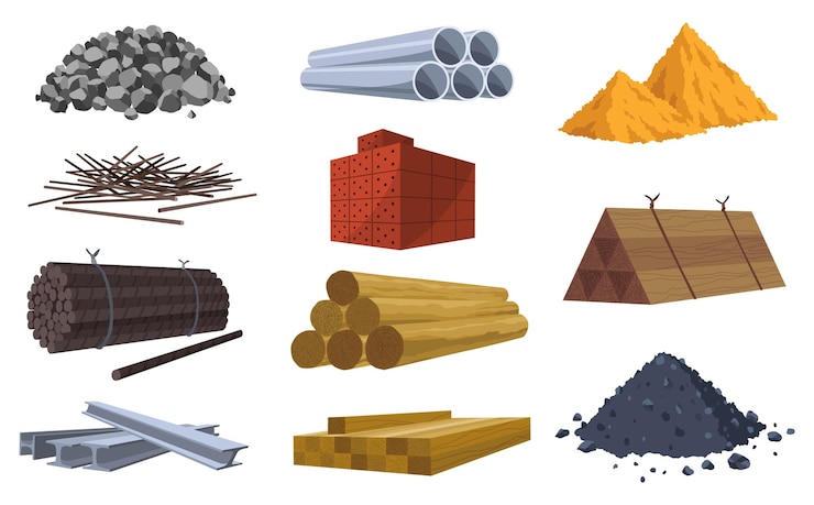 Vektor baumaterialien baukonzept illustrationen können für baustellen verwendet werden oder renovierungsarbeiten veranschaulichen. ziegelbretter, metallsand und steinrohre, vektorset