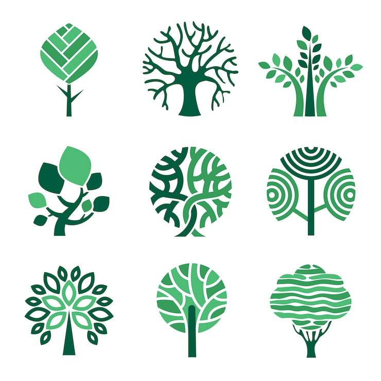 Vektor baumlogo. grüne öko-symbole naturholzbaum stilisierte bilder