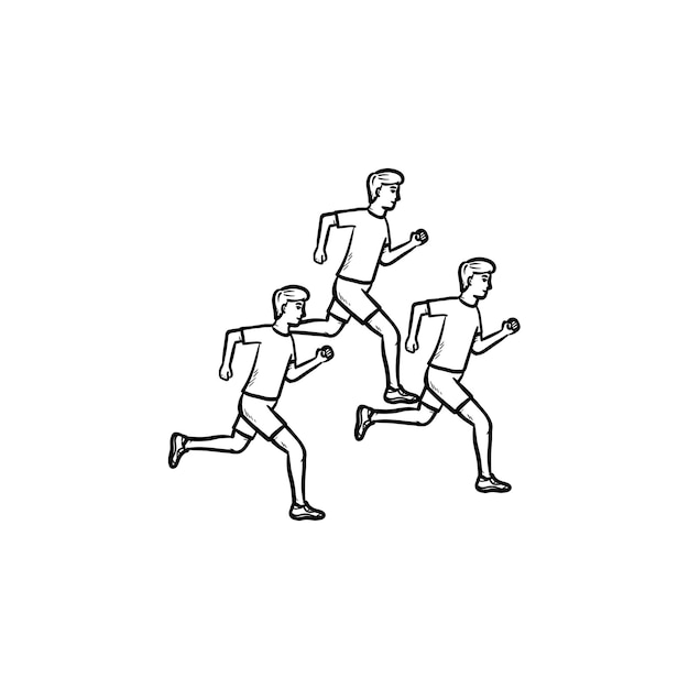 Vektor baummänner laufen marathon hand gezeichnete umriss-doodle-symbol. laufen, joggen, fitness und gesundes lifestyle-konzept. vektorskizzenillustration für print, web, mobile und infografiken auf weißem hintergrund.