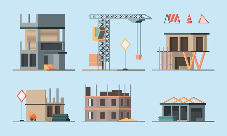 Vektor bauphasen. gebäude beherbergt stiftungsarbeiter, die backsteinmauerhäuser und große wolkenkratzer grelle, orthogonale farbige illustrationen herstellen. bau hausbau, prozess projektphase