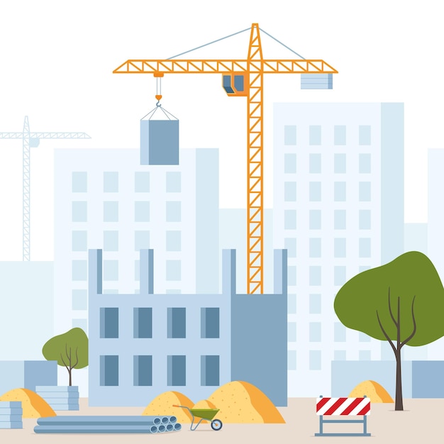 Bauprozess mit Häusern und Turmdrehkran Stadtlandschaft im Hintergrund Vektorillustration