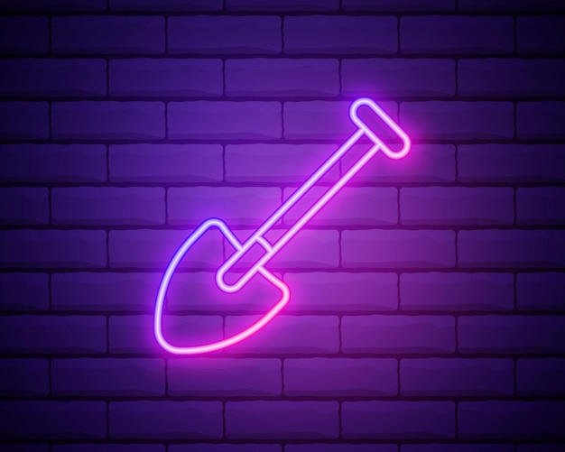 Bauschaufel neon-symbol vektor-illustration für design reparaturwerkzeug leuchtendes zeichen bauwerkzeugkonzept isoliert auf ziegelwand