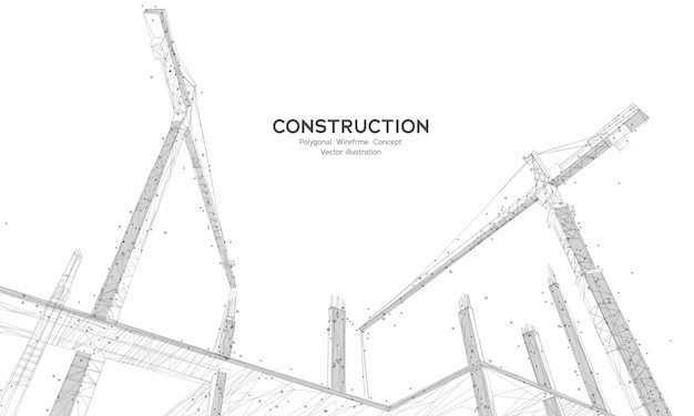 Baustelle mit Baumaschinen, die auf weißem Hintergrund isoliert sind Abstract polygonal wirefrme