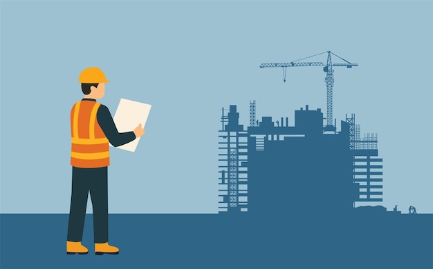 Bautechniker inspiziert Baustelle Gebäude-Hintergrund-Vektor-Illustration