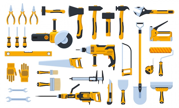 Bauwerkzeuge. gebäudereparatur-handwerkzeuge, renovierungsset, hammer, säge, bohrer und schaufel. illustrationssymbole des hauptreparaturwerkzeugs eingestellt. reparaturwerkzeug, hammer und kelle, pinsel und säge