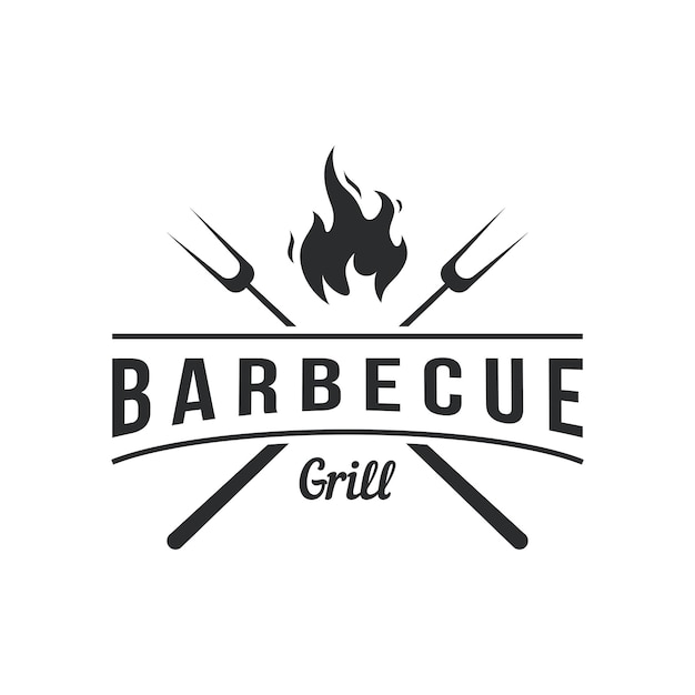 Bbq hot grill vintage typografie logo-design mit gekreuzten flammen und spachtel logo für restaurant badgecafe und bar