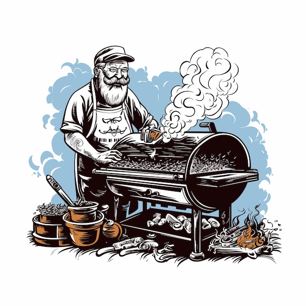 BBQ Smoker Grill Mann Logo Illustration Vektorgrafiken