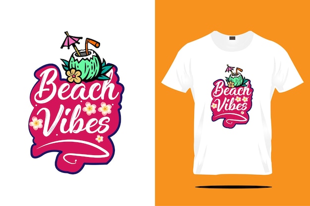 Vektor beach vibes mit kokosnuss- und blumen-t-shirt-design