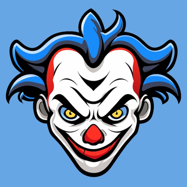 Vektor beängstigender clown-joker, böser kopf mit blauen haaren, handgezeichnet, flach, stilvoll, cartoon-sticker-ikonenkonzept