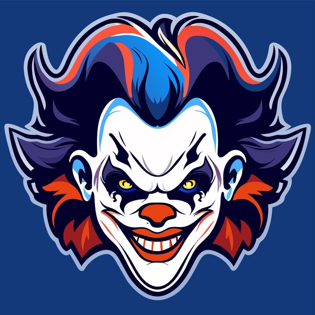 Vektor beängstigender clown-joker, böser kopf mit blauen haaren, handgezeichnet, flach, stilvoll, cartoon-sticker-ikonenkonzept