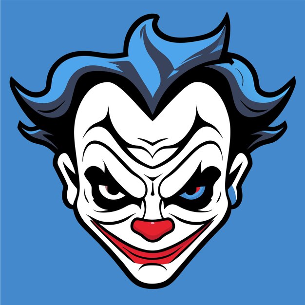 Vektor beängstigender clown-joker, böser kopf mit blauen haaren, handgezeichnet, flach, stilvoll, cartoon-sticker-ikonenkonzept