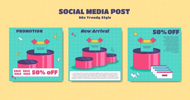 Bearbeitbare instagram-quadratpostvorlage in blauer farbe mit podium für produktbildschaufenster im retro-trend-cartoon-stil der 90er jahre