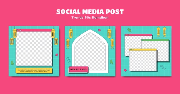 Bearbeitbare ramadan instagram square post template set 90er retro trendiger cartoon-stil