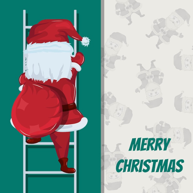 Vektor bearbeitbare weihnachtskarte mit dem weihnachtsmann, der die leiter mit einer tüte mit geschenken klettert