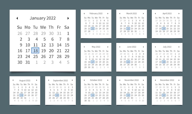 Bearbeitbarer digitaler webkalender für das neue jahr 2022 und zeitplanvorlage die woche beginnt am sonntag