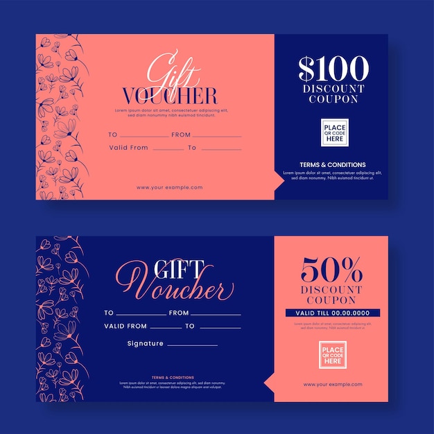 Bearbeitbarer geschenkgutschein oder coupon-banner-design in blau und pfirsich