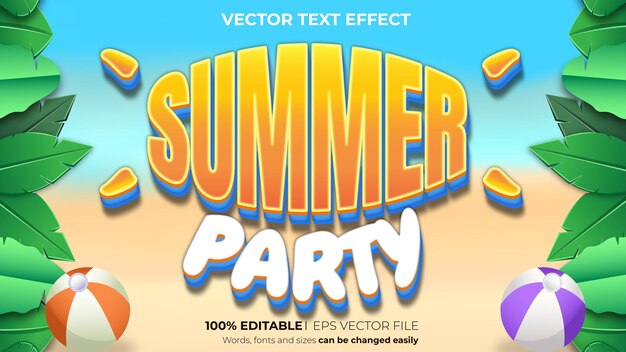 Vektor bearbeitbarer texteffekt der vektor-3d-sommerparty im cartoon-stil auf strandhintergrund