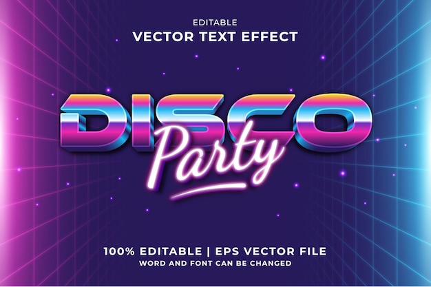 Bearbeitbarer texteffekt disco party 3d 80er vorlagenstil premium-vektor