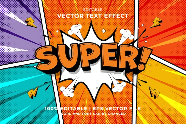 Bearbeitbarer Texteffekt Super 3D Cartoon Premium-Vektor im Comic-Stil