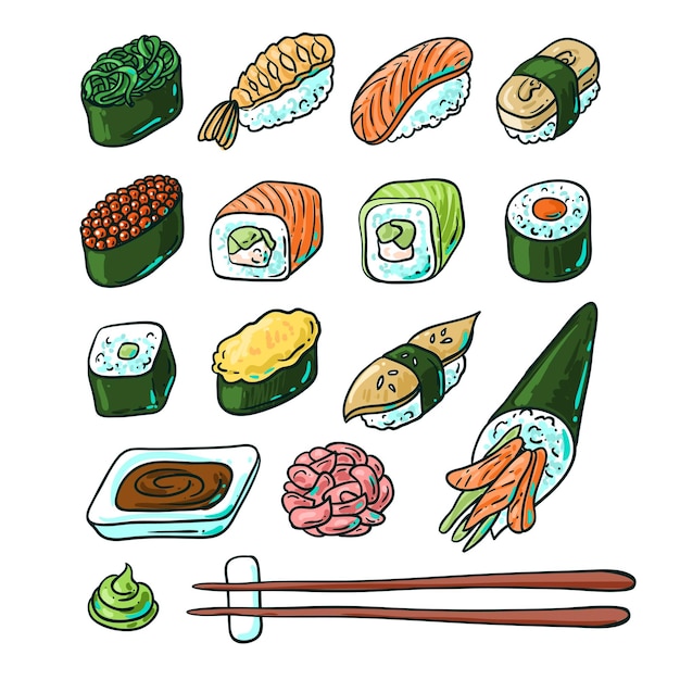 Beautifui handgezeichnete vektorgrafik japanisches essen shushi