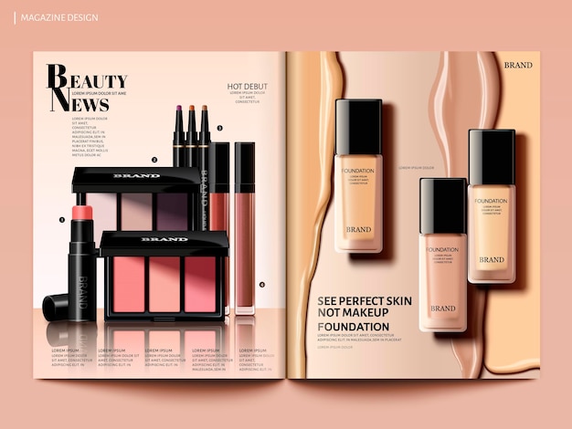 Beauty-magazin-design, foundation mit cremiger flüssigkeit und lidschatten in 3d-illustration, magazin- oder katalogbroschürenvorlage