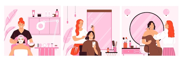 Beauty-service-kompositionen mit frisur und make-up flach isoliert vektor-illustration gesetzt