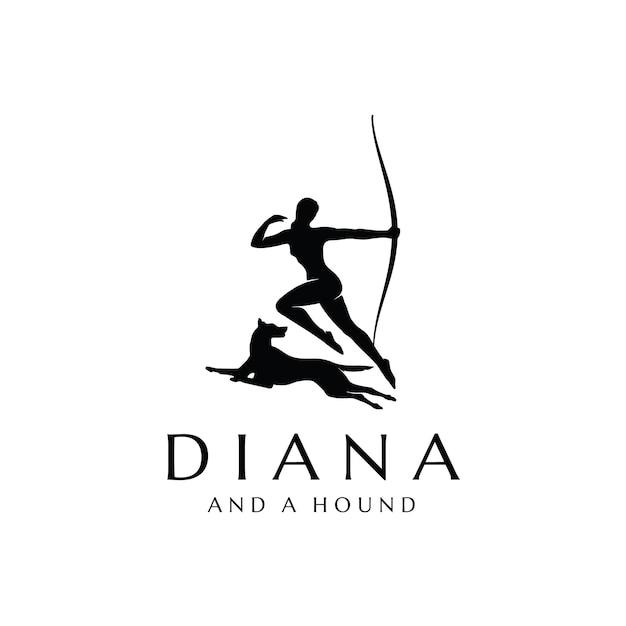 Beauty silhouette diana hält einen bogenpfeil mit hound dog statue für archer archery hunting logo