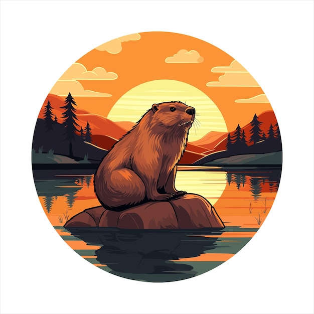 Vektor beaver farbige zeichentrickfilme kawaii charakter strand sonnenuntergang tier haustier aufkleber isolierte illustration