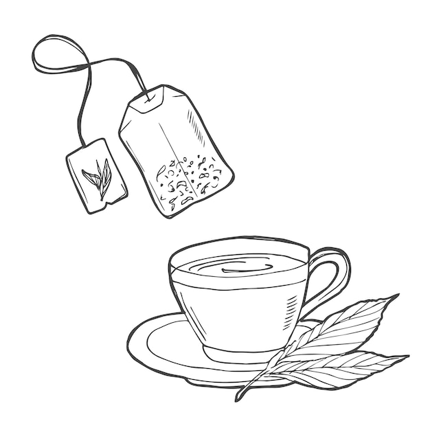 Vektor becher mit handgezeichnetem umriss-doodle-symbol mit tee-beutel heißes getränk tee-becher vektorskizze illustration
