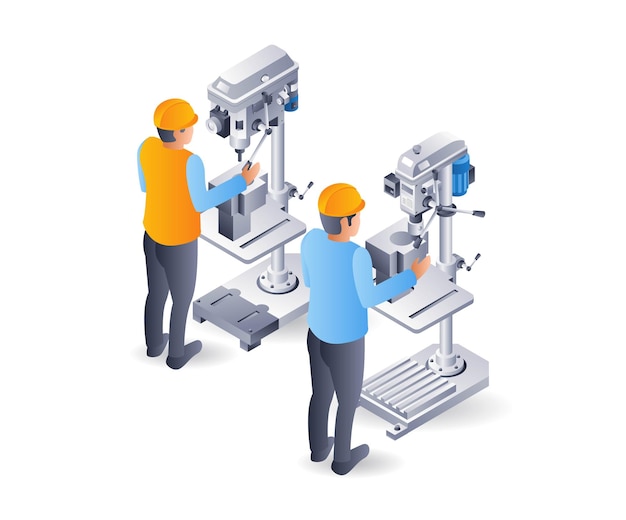 Bediener einer manuellen Bohrmaschine flache isometrische 3D-Illustration Infografik