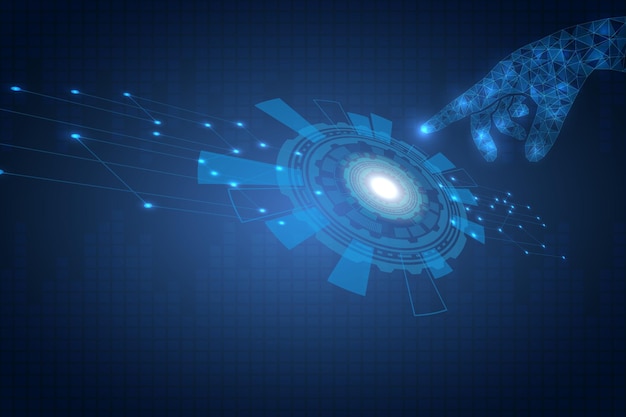 Bedienfeld des Smart-Home-Systems. Wendete sich dem seitlichen technologischen Kreis zu. Die Erfindung der Zukunft. Für einen Elektronikladen. Die Glaspolygonhand drückt mit dem Finger auf den Knopf. 10 eps