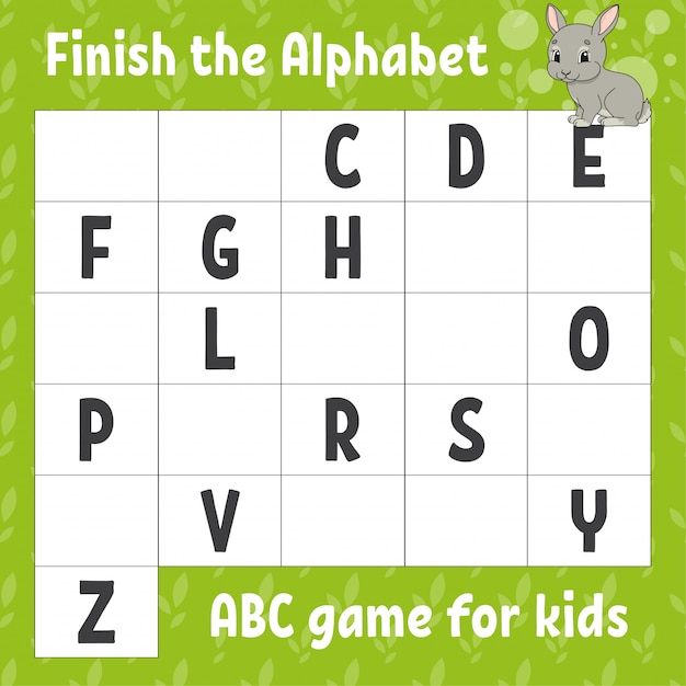 Beende das alphabet. abc-spiel für kinder. arbeitsblatt zur bildungsentwicklung.