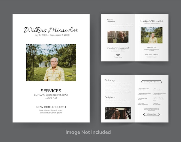 Vektor beerdigungsvorlage für ein gedenkprogramm minimalistisches bifold-broschüre-design-layout