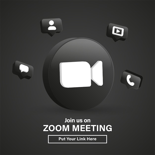 Begleiten Sie uns beim Zoom-Meeting 3D-Logo im modernen schwarzen Kreis für Social-Media-Symbole oder schließen Sie sich uns an Banner