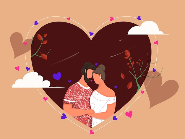Vektor begrüßung des cartoon-charakters junges paar auf dunkelrotem und pastellbraunem hintergrund glücklicher valentinstag-grüßkarte