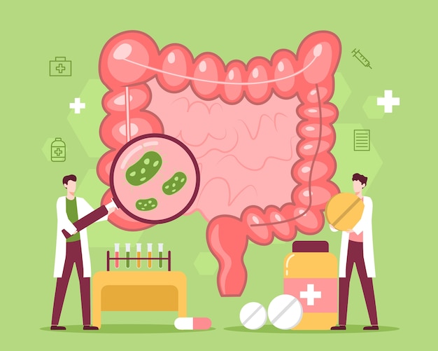 Behandlung von darmerkrankungen mit medizin und arztillustration