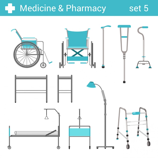 Behinderte ausrüstungsillustrationen des medizinischen krankenhauses der flachen art eingestellt.