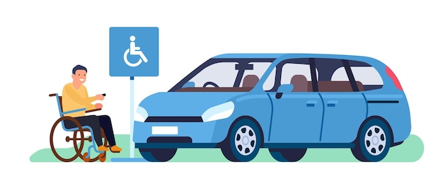 Behinderter Mann auf dem Parkplatz des Autos Autoplatz für behinderte Besitzer Mann im Rollstuhl, der Auto fährt Stadtverkehr Barrierefreiheit in der Stadt Fahrer mit Behinderungen Vektorkonzept