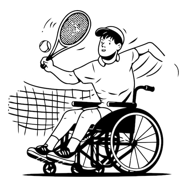 Vektor behinderter mann im rollstuhl, der tennis spielt