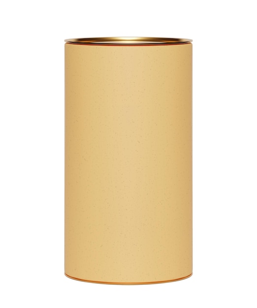 Beige Kraftpapierröhrenverpackung mit goldenem Deckelmodell auf weißem Hintergrund