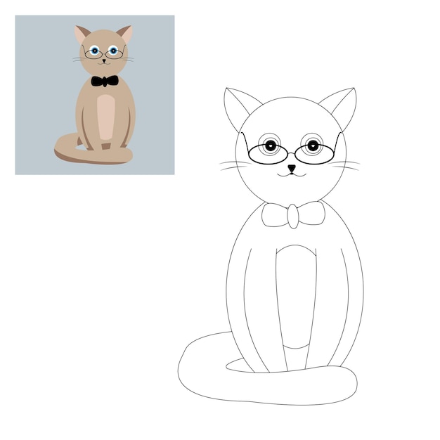 Beige siamesische katze intellektueller mit brille und malbuch für kinder mit fliege