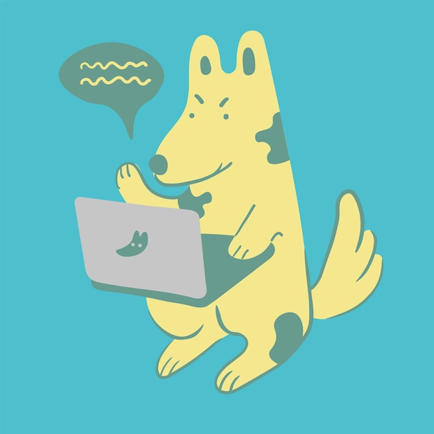 Beigefarbener cartoon-hund mit blauen flecken, der mit laptop und dialogwolke sitzt
