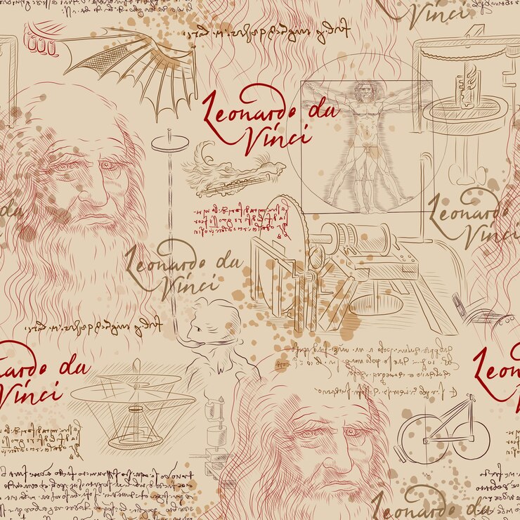 BEIGER NAHTLOSE VEKTORHINTERGRUND MIT LEONARDO DA VINCI-SKIZZENZEICHNUNGEN